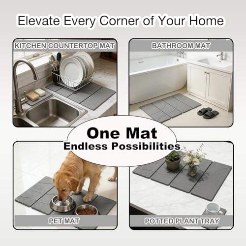 2PCS Stone Dish Drying Mat for Kitchen Counter,Collapsable Stone Dish Drying Mat with Diatomaceous Earth for Quick Drying-Ultra Absorbent-Eco-Friendly,Foldable -23.6"×15.7" Light Gray Wave Grooves - color: DKHX-Light Gray