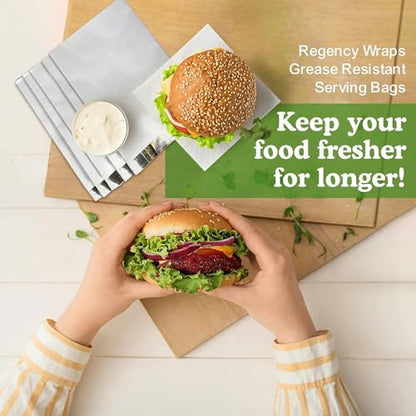 Regency Wraps Grease Resistant Snack Serving Bags, Foil Lined, Pack of 25 For Burgers, Sandwiches, Panini's, Pitas, Insulated to Keep food Warm - size: Pack of 25, style: Hamburger Bag
