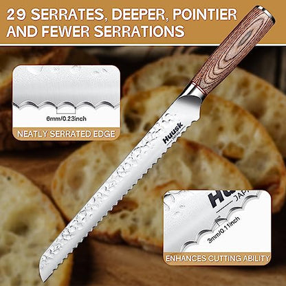 Huusk Japanese Sourdough Bread Knife - 10" Sharp Bread Slicing Knife for Homemade Cake Toast Bagel, Stainless Serrated Long Knives for Fruit Vegetable Watermelon, Gift Idea for Men Women Baking Lover