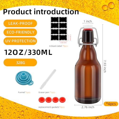 4Pcs Amber Beer Bottles with Flip Caps, 12oz Glass Bottle with Swinging Top for Airtight Lids, Home Brewing and Fermentation Kombucha, Vanilla Extract, Beverage, Water, Kefir
