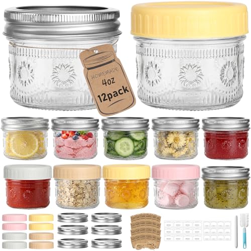 CycleMore 4oz Sunflower Glass Jars 12-Pack with 2 Types of Airtight Lids | Canning Jars With 12 Metal Split + 12 Colorful Plastic Lids. For Jams, Wedding Favors, DIY gifts. Dishwasher Safe BPA-Free - size: SunFlower- 4 oz - 12 Pack & Dual Lids