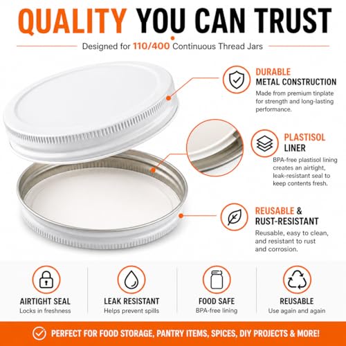 White Metal Lid for 1 Gallon & 1/2 Gallon Wide Mouth Glass Jars – 110mm (4.33") ID & (4.50") OD Fit – Food-Grade, Leak-Resistant Caps (Jars Not Included)