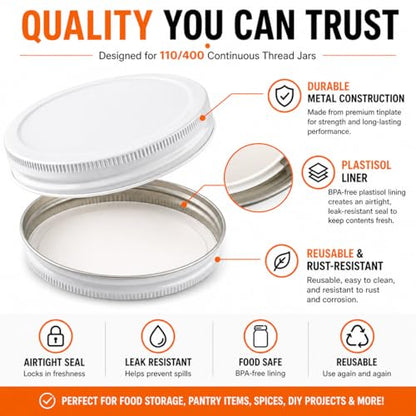 White Metal Lid for 1 Gallon & 1/2 Gallon Wide Mouth Glass Jars – 110mm (4.33") ID & (4.50") OD Fit – Food-Grade, Leak-Resistant Caps (Jars Not Included)