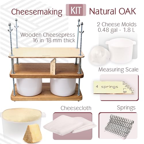Wooden Cheese Press For Cheese Making 16 In Natural Oak 18 mm Thick - Cheese Making Kit With Wooden Cheese Press and 2 Cheese Molds 1/2 Gal, Cheesecloth, Springs and Measuring Scale Included