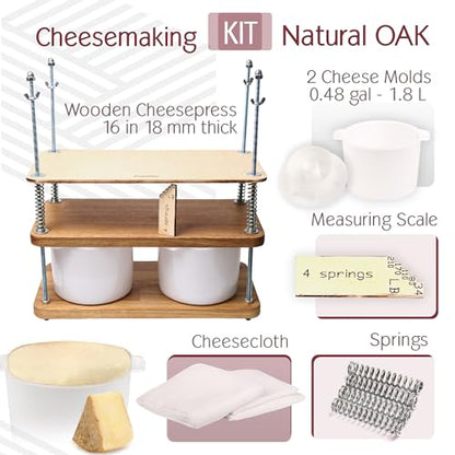 Wooden Cheese Press For Cheese Making 16 In Natural Oak 18 mm Thick - Cheese Making Kit With Wooden Cheese Press and 2 Cheese Molds 1/2 Gal, Cheesecloth, Springs and Measuring Scale Included