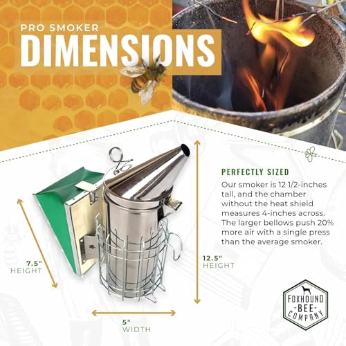 Foxhound Bee Co Stainless Steel 12.5-inch Pro Smoker for Beekeeping with Heat Chamber, Burn Shield, Green Bellow and Heavy Duty Features for Producing Smoke when Working Bee Hives (Large)