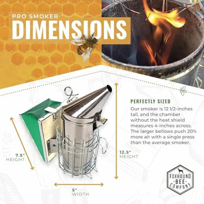 Foxhound Bee Co Stainless Steel 12.5-inch Pro Smoker for Beekeeping with Heat Chamber, Burn Shield, Green Bellow and Heavy Duty Features for Producing Smoke when Working Bee Hives (Large)