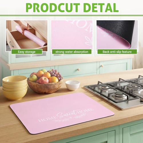 Pink Dish Drying Mat for Kitchen Counter 24 x 16 Inch Pink Kitchen Accessories Large Non Slip Absorbent Heat Resistant Coffee Bar Pad Dish Drainer Rack Mat for Countertops Sinks