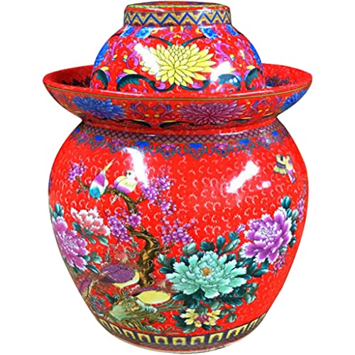 Fermentation Crock Jar Chinese Classical Flower Pattern Decoration Pickle Jar, Water Sealed Beet Cucumber Kimchi Jar, Jingdezhen Ceramics Handmade Artwork (Color : Red, Size : 7kg/246.9oz) - color: Red, size: 7kg/246.9oz