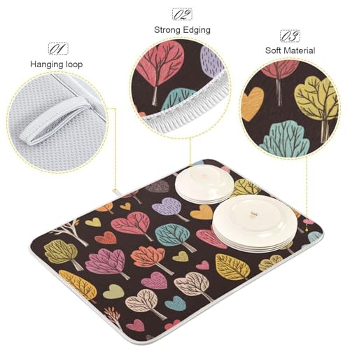 Heart Trees Leaves Dish Drying Mat for Kitchen Counter Super Absorbent Draining Mat with Non-slip Backed Sink Tray Mat for Draining Racks Countertops Sinks Dish Bottles Cups Bowl