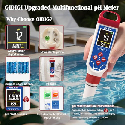 5 in 1 Digital pH Meter with TDS/EC/Salinity/Temp, Pool Salt Tester pH Pen for Water, Digital Salinity Meter for Saltwater Pool, Aquarium, Home Tank, Hydroponic pH Tester with pH Reset Function