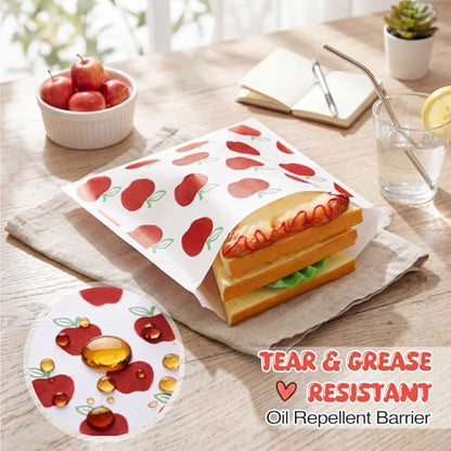 Epakh 200 Pack Paper Sandwich Bags with Apple Design 8 × 8 Inch Happy Food Storage Recyclable Grease Resistant Disposable Snack Bags for Family Home Use - style: Apple