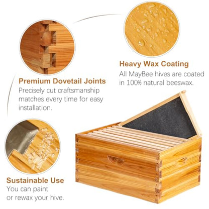 10-Frame Beehive Box Langstroth Deep Brood Box Dipped in 100% Beeswax Includes Wooden Frames & Waxed Foundations (Unassembled) - size: 10-frame deep box