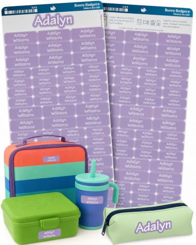 Bunny Badges Personalized Daycare Name Labels for Kids (120 Labels) Custom Label for Clothing Tag - Waterproof Name Stickers for Clothing Tags, Bottles, Backpacks and School Supplies (Lavender Mist) - color: Lavender Mist