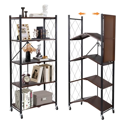 5-Tier Foldable Storage Shelves with Wheels, Folding Metal Shelf Unit, Folding Bookshelf no Assembly, Collapsible Shelves for Craft Shows for Kitchen, Bedroom, Living Room, Rustic Brown - color: Rustic Brown, size: 5 Tier