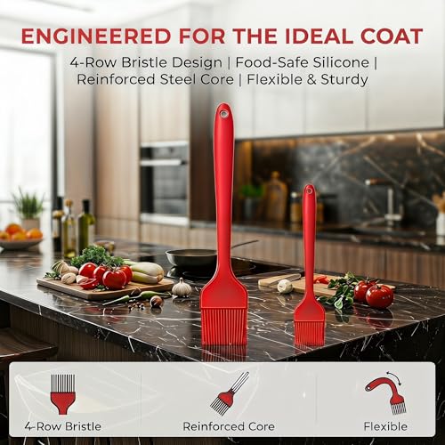 2 Pack Silicone Basting Brushes with Stainless Steel Core - Heat Resistant Pastry Brush for Cooking BBQ Grill Baking Roasting, Oil Butter Sauce Marinade Egg Wash, Dishwasher Safe, Large & Small, Red