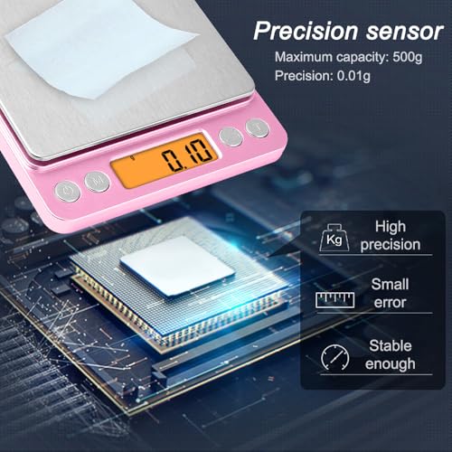 0.01g High Precision Kitchen Food Scale, Diyife 500g Portable Digital Scale with LCD Display, Tare, Multifunctional Gram Scale Weight for Cooking, Baking, Jewelry, 2 Tray, Batteries Included, Pink - color: Pink