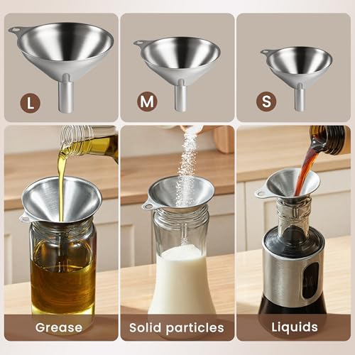 Supercenter Kitchen Funnel, Mini Funnel, Set of 3, Round Ring & Clean Brush | Stainless Steel,Perfect for Transferring Liquids, Oils, Powders, Spices