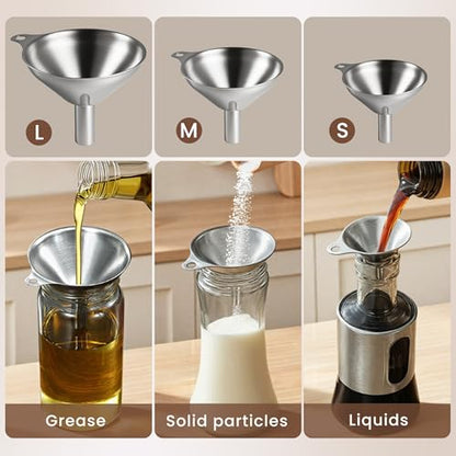 Supercenter Kitchen Funnel, Mini Funnel, Set of 3, Round Ring & Clean Brush | Stainless Steel,Perfect for Transferring Liquids, Oils, Powders, Spices