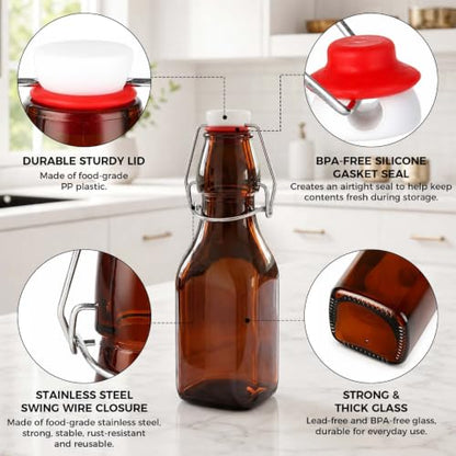 Ruckae Amber Square Swing Top Glass Bottles with Lids Kombucha Flip Top Glass Bottle for Coquito Syrup Vanilla Extract Brew Beer Kefir Air Tight Bottles for Gift (4oz 24pack) - size: 4oz 24pack
