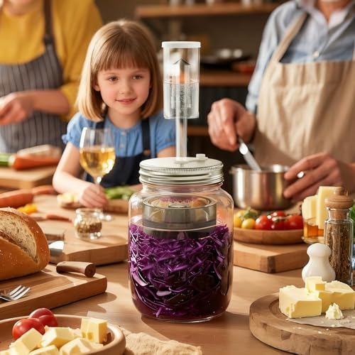Fermentation Kit for Wide Mouth Mason Jars 8- Complete Pickling & Sauerkraut Set with Glass Weight, Stainless Steel Lid, Air Lock Valve, Silicone Seals (Jar Not Included)