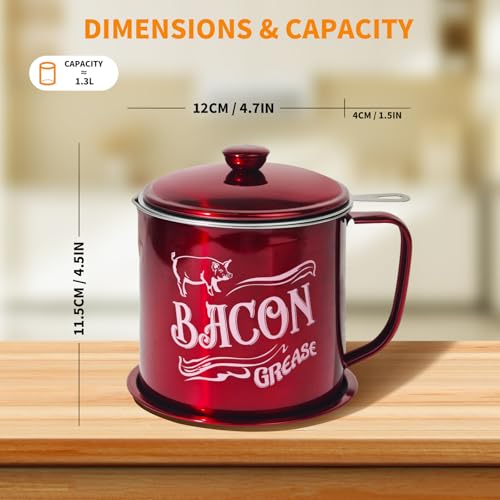 1.3L Bacon Grease Saver Container with Fine Mesh Strainer,Stainless Steel Oil Keeper Can for Bacon,46oz Large Rustic Farmhouse Fat Container, Keeper, Recipes, Dishwasher Safe (Red) - color: Red