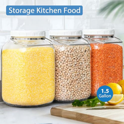 Sovietiep 1.5 Gallon Wide Mouth Glass Storage Jars, Large Glass Jar, 2 Pack | 2 Pack with Airtight Lid & Stainless Handle, 4.3" Wide Mouth, Food Grade Canisters, Gallon Glass Jars with ML/OZ Scale Line