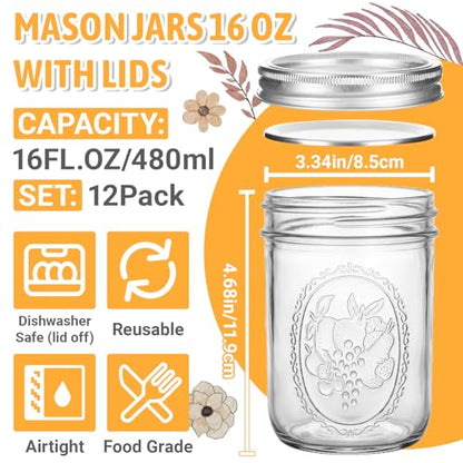 Alotpower Wide Mouth Mason Jars 16 oz 12 Pack with Airtight Lids | Glass Canning Pint Jars with Measurement Marks for Pickling,Fermenting,Preserving,Freezing, Meal Prep,Overnight Oats & Jam - color: 16fl.oz 12pack