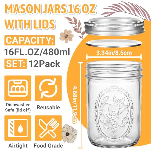 Alotpower Wide Mouth Mason Jars 16 oz 12 Pack with Airtight Lids | Glass Canning Pint Jars with Measurement Marks for Pickling,Fermenting,Preserving,Freezing, Meal Prep,Overnight Oats & Jam - color: 16fl.oz 12pack