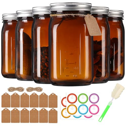 946.4ml(32온스) 앰버 와이드 마우스 메이슨 병 6팩, 측정 마크 포함 | 밀폐 뚜껑이 있는 유리 쿼트 통조림 병, 산세, 발효, 선티, 밀프렙, 향신료, DIY 공예용 보관 - color: 앰버-946.4ml(32온스) 6팩