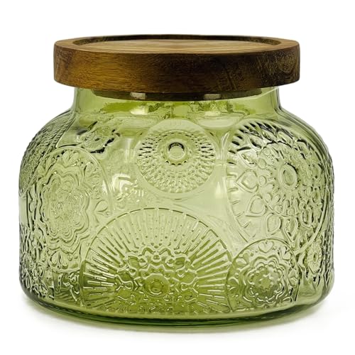 Decorative Green Glass Jar with Airtight Wooden Lid 40 oz, Flora Embossed Vintage Kitchen Food Storage Container for Cookie Candy Honey Flour Spice Coffee Tea, Home Decor Sand Candle Holder Vase - size: 40 Ounces, style: Green Flower
