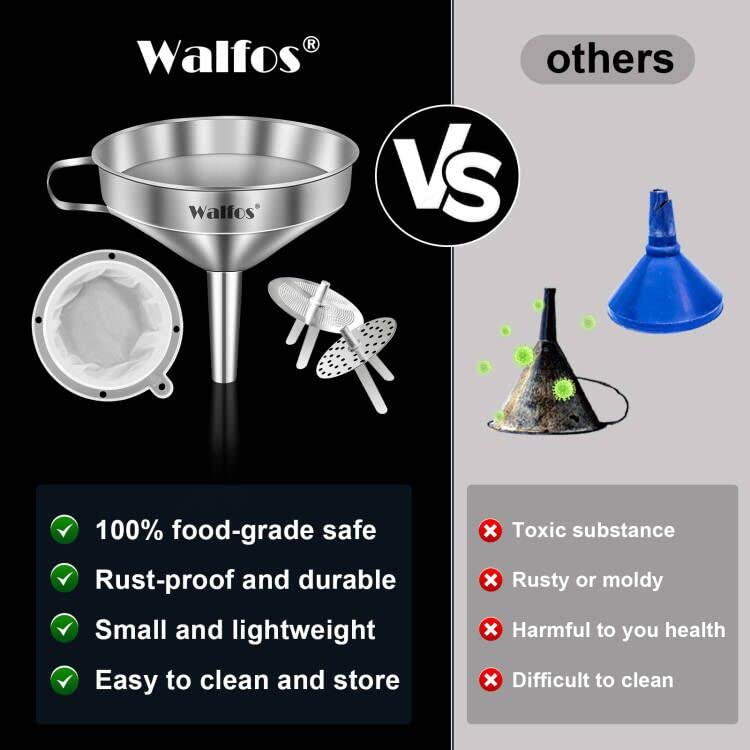 Stainless Steel Funnel, Walfos Kitchen Funnel with 2 Removable Strainer ＆ 1Pc Cleaning Brush, Perfect for Transferring of Liquid, Oils, Jam, Dry Ingredients & Powder (Big, 4.9") - color: 1pcs funnel 4.9 inch
