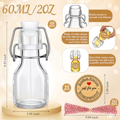 FoldTier 48 Pcs Mini Flip Top Glass Bottle Flip Top for Homemade Vanilla Limoncello Extract Bottles with Caps Stickers for Holiday DIY Crafts Wedding Baby Shower Favors(2 oz) - size: 2 oz