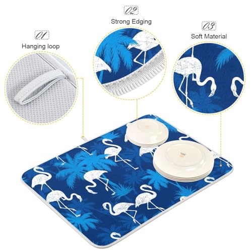Flamingo Palm Trees Blue Dish Drying Mat for Kitchen Counter Super Absorbent Draining Mat with Non-slip Backed Dishwashing Mat for Dish Bottles Cups Bowl Countertops Sinks Draining Racks