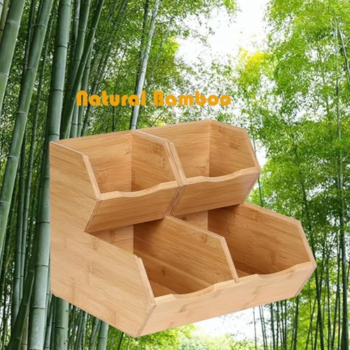 Bamboo Stackable Pantry Storage Bins, Kitchen Pantry Organizers and Storage, Potato and Onion Storage Bin, Wood Pantry Baskets for Produce, Fruits, Vegetable and Bread, Set 3 Pieces