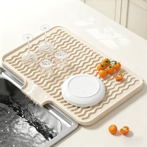 Rnivvi Silicone Dish Drying Mat for Kitchen Counter, 16 x 12" Drainer Pad with Drainage Spout, Non-Slip Countertop Protector Heat Resistant Trivet, Kitchen Decor Mat Sink Drip Pad for Dishes, Beige - color: Beige