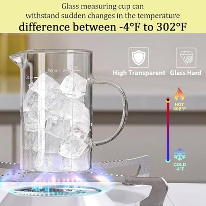 Measuring Cup, 500ML 2 CUP Glass Liquid Measuring Cup with Blank Label, Three Scales (OZ, Cup, ML/CC) High Borosilicate Glass for Kitchen or Restaurant, V-Shaped Spout Measuring Cups