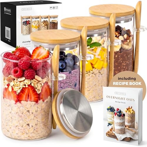 Overnight Oats Containers with Lids, Labels & Spoons (4 x 16oz) Glass Jars for Oatmeal, Meal Prep, Food Storage | Leak-Proof Mason Jars for Oats, Cereal, Yogurt, Chia Pudding [Thicker Glass 3mm] - color: Bamboo Lid