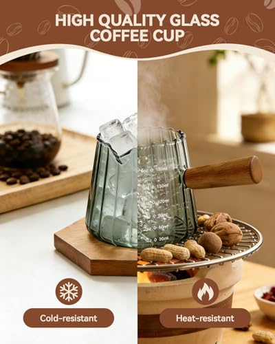 2 PCS Espresso Measuring Cup 6 Oz, Espresso Glass Cups with Wood Handle, Milk Frothing Cup, Espresso Cup for Coffee, Milk, Tea or Maple Syrup Serving (Grey) - color: Gray