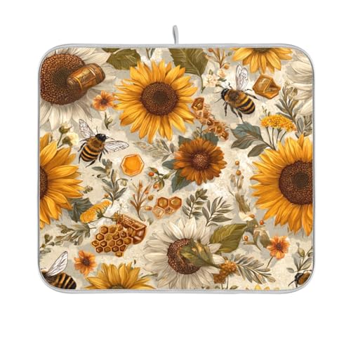 Vintage Bees Sunflowers Daisy Dish Drying Mat for Kitchen Counter Microfiber Absorbent Drainer Draining Rack Mats Small Cloth Kitchen Drying Pad Heat Resistant for Countertop 16x18 - color: Beige Bees Sunflowers Daisy, size: 16x18in