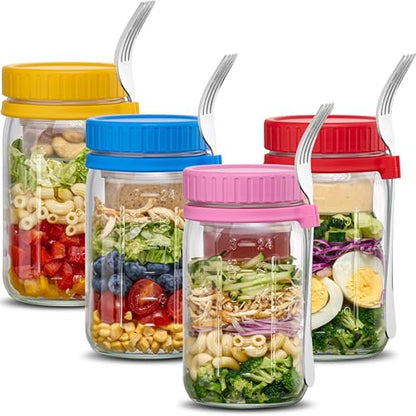 Danmu 32 oz Salad Jars with 2 Dressing Cups & Forks - Glass Mason Jar Meal Prep Containers,Wide Mouth,Leak Proof,Dishwasher Safe - Dry Wet Food Separation for Fresh Salad,Leftovers 4 Pack - color: Multicolor