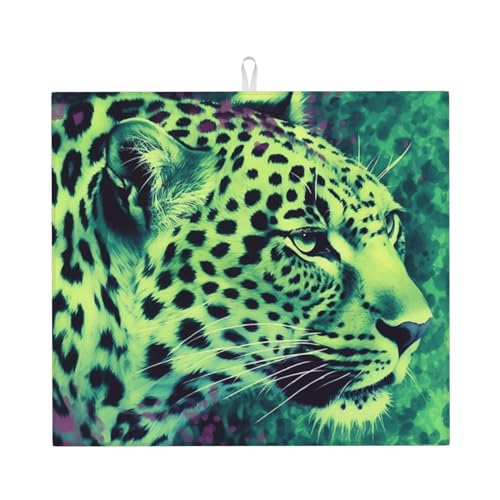 Green Leopard Print Dish Drying Mat for Kitchen Counter Ultra Absorbent Microfiber Dishes Drainer Mats Washable Drying Pads for Sinks 16 x 18 In - color: Green Leopard