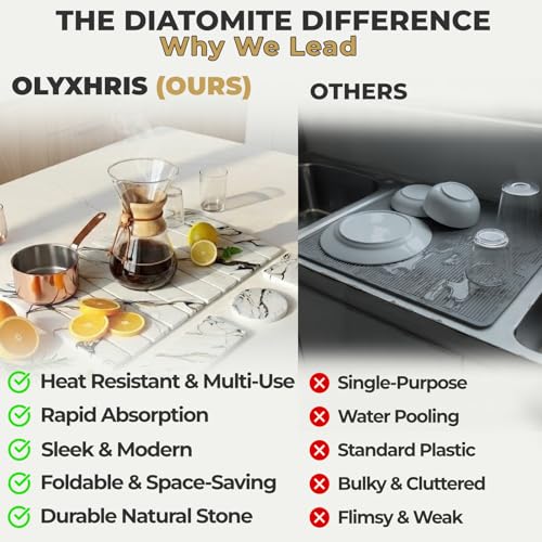Stone Dish Drying Mat for Kitchen Countertop 24x16 Large Diatomaceous Earth Quick-Dry Absorbent Foldable Non-Slip Organizer for Dishes Glasses Utensils with Coaster Pads Gold Veined Marble