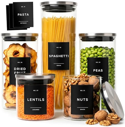 EDELHAUS Glass Storage Containers with Stainless Steel Lids [Extra Thick Glas] with 54 Labels - Canister For Pantry Noodles Flour Cereal Rice Sugar Tea Coffee Beans - Round Set of 5x - color: 5 Pack - Silver Lids