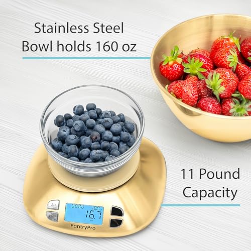 Stainless Steel Digital Kitchen Scale w. Bowl - for Food Coffee Lab - LCD Display gram Ounces lb:oz lb ml - 12 LBS/5.5 KG Capacity - Battery Included - Gold by The Display Guys - color: Stainless Steel - Gold