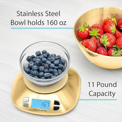 Stainless Steel Digital Kitchen Scale w. Bowl - for Food Coffee Lab - LCD Display gram Ounces lb:oz lb ml - 12 LBS/5.5 KG Capacity - Battery Included - Gold by The Display Guys - color: Stainless Steel - Gold