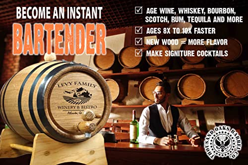 Personalized 1 Liter Oak Aging Barrel with Stand, Bung, and Spigot - Age Wine, Cocktails, Bourbon, Whiskey, Beer and More! Laser Engraved Bistro Design (B314) - size: 1 Liter