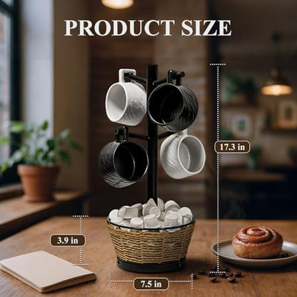 Wood Mug Holder Tree With Woven Basket, 4 Hooks Coffee Mug Holder, Countertop Mug Tree For Kitchen Counter Cabinet Coffee Bar Accessories Cup Display Organizer Hanger(Black) - color: Black