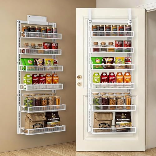 Over the Door Pantry Organizer 6 Tiers Hanging or Wall Mounted Spice Rack with Adjustable Basket,Heavy Duty Metal Seasoning Organizer Shelf for Kitchen Pantry and Bathroom - color: White-Acrylic, size: 6 Tiers