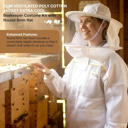 Semi Ventilated Poly Cotton Jacket Extra Cool Beekeeper Costume Kit with 2 Hoods Fencing/Folding & Round Brim Hat (Large) - size: Large